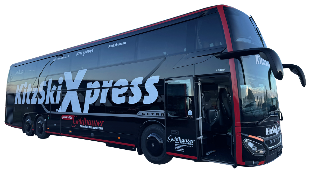 KitzSkiXpress — Setra S 531 DT von Geldhauser, Tür offen, kurz vor der Abfahrt